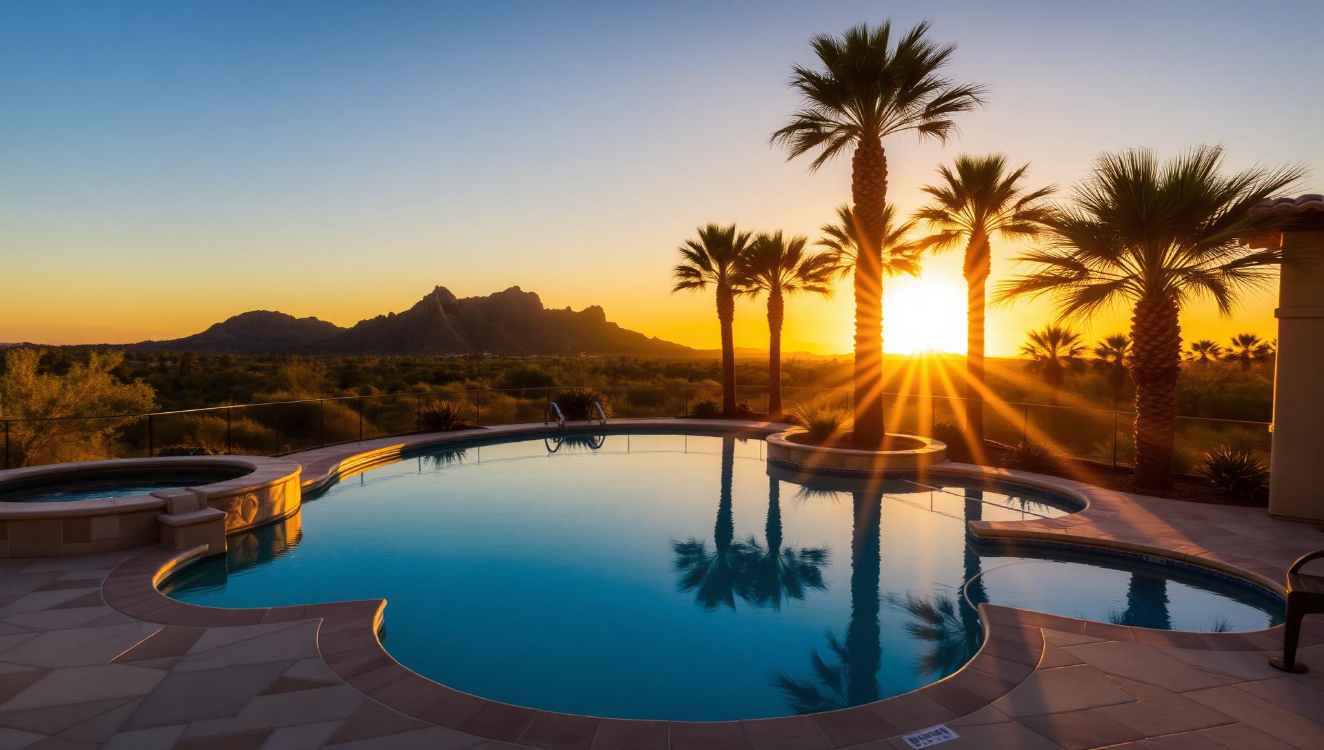 Luxury Arizona backyard pool at sunset